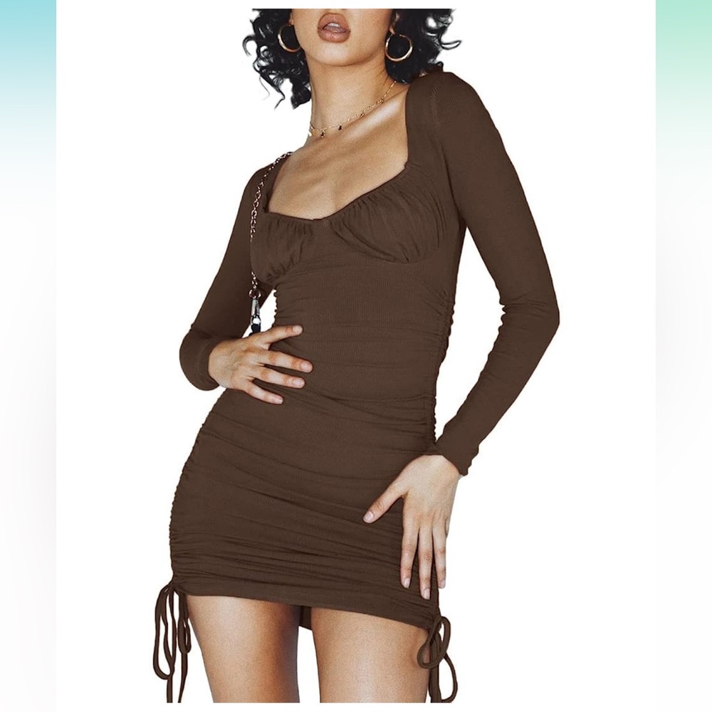 Brown Long Sleeve Drawstring Mini Bodycon Dress (SMALL) | MiiVoo 🤎